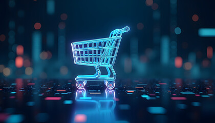 Digital shopping cart concept with glowing neon lines on a dark background