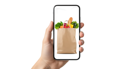 Hand, holding smartphone displaying grocery bag filled with fresh produce and bread, PNG isolated on white or transparent background