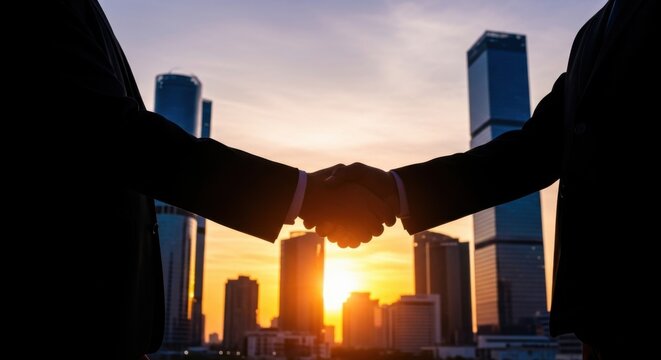 Business handshake symbolizes a successful deal agreement partnership collaboration and teamwork against a backdrop of a modern cityscape skyline representing cooperation and a promising venture.