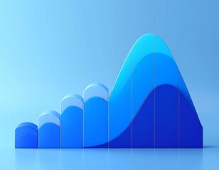 A 3D rendered graphic showcasing a vibrant blue, layered chart, smoothly rising and falling, suggesting data trends or growth