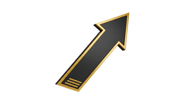 3D rendered black arrow, with gold trim pointing upwards diagonally, PNG isolated on white or transparent background - Powered by Adobe