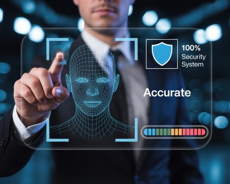 Man interacting with facial recognition security system interface with accurate scanning process shown