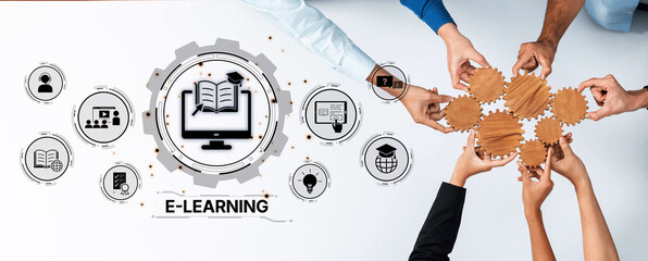 Engaging teamwork in e-learning demonstrates modern educational methods. Hands working together...