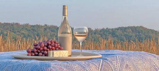 Obraz premium A bottle of white wine, glass of rose, cheese, and grapes are arranged on a tablecloth outdoors, creating a picturesque picnic scene