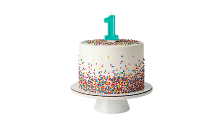 White frosted cake, with colorful sprinkles and a teal number one candle, PNG isolated on white or transparent background
