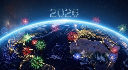 Obraz premium Earth is adorned with fireworks celebrating 2026, symbolizing global unity and hope for the future year