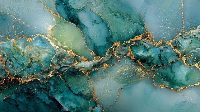 Abstract fluid art painting with green shades and golden veins modern marble stone texture