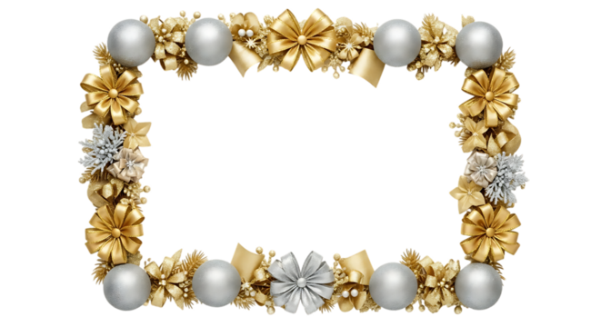 Rectangular frame, of golden and silver Christmas ornaments and bows, PNG isolated on white or transparent background
