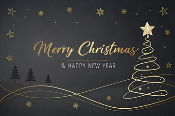 Elegant Merry Christmas and Happy New Year Greeting Card with Golden Script, Stylized Tree, and Starry Accents on a Dark Gray Background