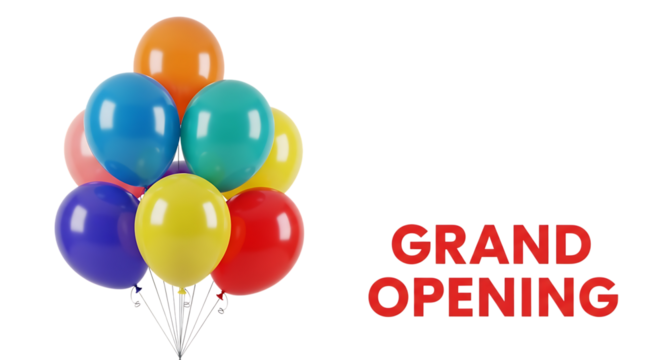 Bunch of colorful balloons, with red Grand Opening text, PNG isolated on white or transparent background