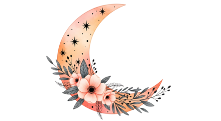 Crescent moon, decorated with peach flowers and dark green leaves, PNG isolated on white or transparent background