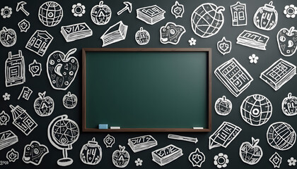 Chalkboard with school-themed doodles and space for text or design
