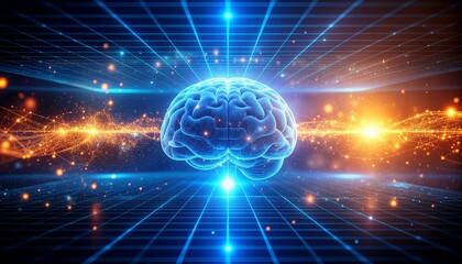 Futuristic glowing digital brain with neural connections and data streams symbolizing artificial intelligence innovation technology and science concept