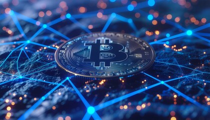 Bitcoin coin with digital network connections and glowing blue nodes representing blockchain technology and global decentralized cryptocurrency concept