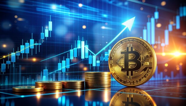 Golden bitcoin coin and stacked crypto currency coins with glowing blue financial chart showing growth and increasing value in digital investment market - Powered by Adobe