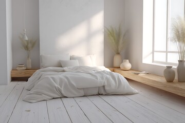 Fototapeta premium Cozy modern minimalist bedroom interior with white bedding light wood platform neutral decor pampas grass calm relaxation scene