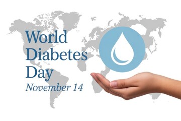 World diabetes day graphic with hand holding blue circle and drop on white background and map