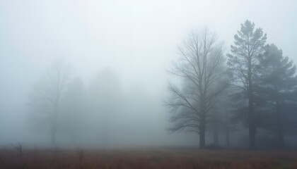 Naklejka premium Trees shrouded in thick fog on a misty morning