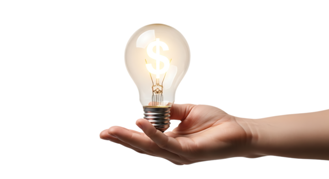 Hand, holding a glowing light bulb with a dollar sign inside, PNG isolated on white or transparent background