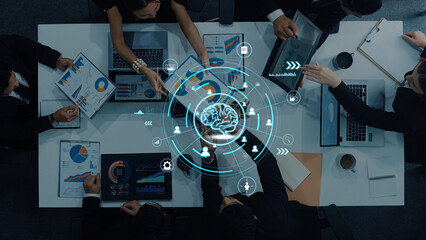 A diverse team engages in a data analytics meeting, showcasing charts and digital graphics in a modern office setting, emphasizing collaboration and innovation. Trope