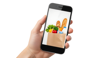 Hand, holding smartphone displaying grocery bag filled with fresh produce and bread, PNG isolated on white or transparent background
