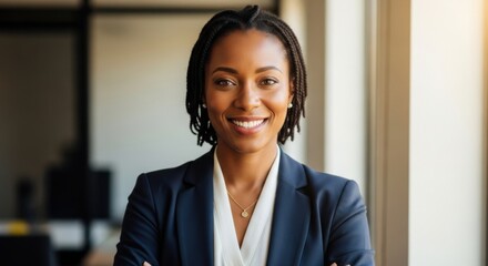 Businesswoman smiles confidently wearing professional attire in an office setting representing leadership corporate success and executive management for various business and career opportunities.