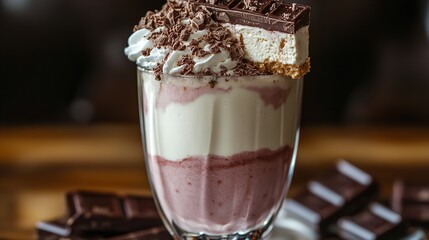 Delicious strawberry milkshake with whipped cream, cake, and chocolate bar on a wooden table in a cafe
