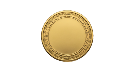Golden coin, with Greek key pattern border and blank center, PNG isolated on white or transparent background