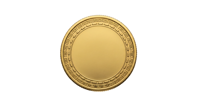 Golden coin, with Greek key pattern border and blank center, PNG isolated on white or transparent background