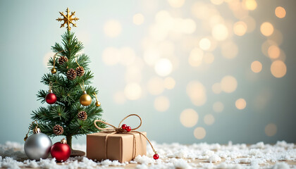 Christmas tree with ornaments and a gift box on a snowy surface