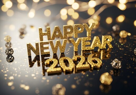 Golden glitter letters spelling happy new year 2026 with bokeh lights