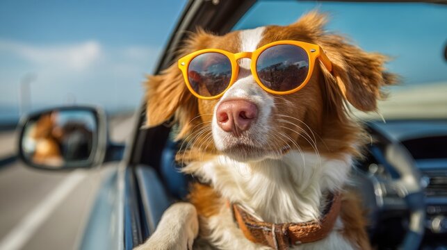A happy dog in sunglasses leans out of a car window feeling the fresh ocean breeze on a sunny day.