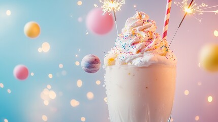 Delicious milkshake with whipped cream, sprinkles, and sparklers on a festive blue background with bokeh lights