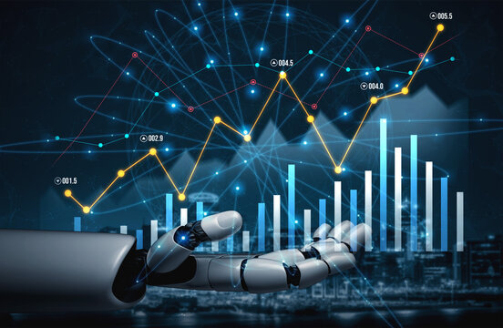 A robotic hand interacts with a display of financial data, showcasing network connections and market trends in a modern technological setting, symbolizing innovation and analysis. Scalp - Powered by Adobe
