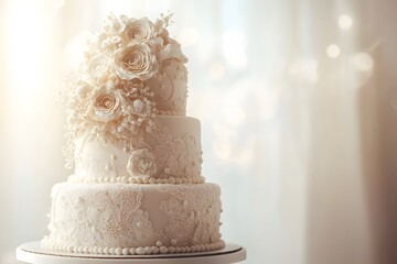 elegant wedding cake with three tier cake and ivory fondant adorned with floral decorations and sugar flowers in lace detailing for a luxury dessert