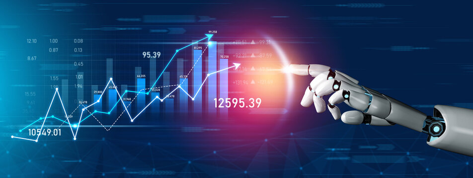 A robotic hand engaging with vibrant data graphs, illustrating the integration of technology and financial analytics, ideal for innovative business solutions. Scalp