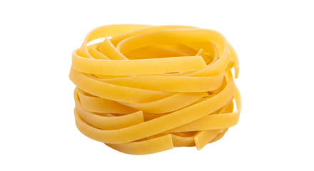 Nest of uncooked yellow fettuccine pasta ribbons, coiled tightly, PNG isolated on white or transparent background