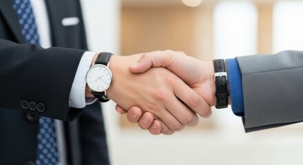 Handshake between two businessmen signifies agreement partnership collaboration and successful business deal representing trust cooperation and teamwork for contract negotiation meeting.