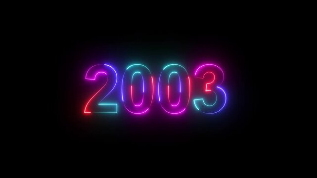 2003 neon line text. Abstract 2003 neon text animation ,Four color neon Glowing neon number text background 4k video animated .Happy new year 2003 greetings new year concept