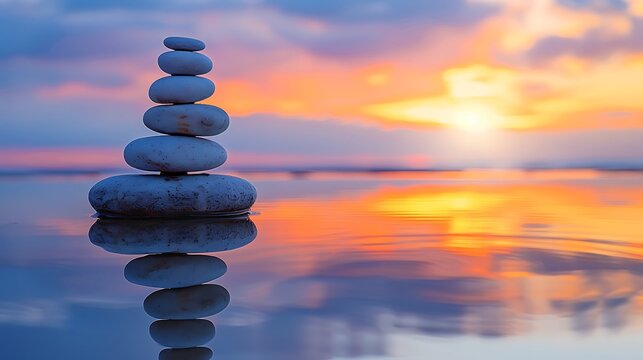 Balanced Stones at Sunrise: Peaceful Rock Cairn Reflection on Calm Water