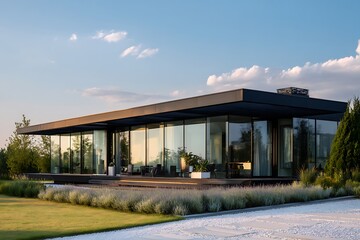 Obraz premium Modern house exterior with large glass facade reflecting sky and landscaping with grass