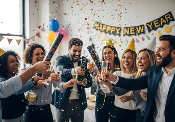 People celebrating new years eve with confetti and champagne, smiling and laughing
