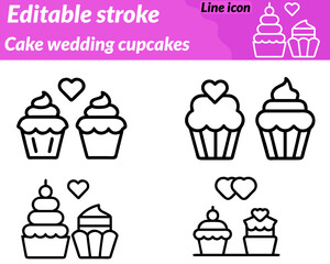 A charming cake wedding cupcakes set icon. featuring a tiered wedding cake with decorative icing. surrounded by cupcakes with sprinkles hearts, and candles. symbolizing celebration dessert.