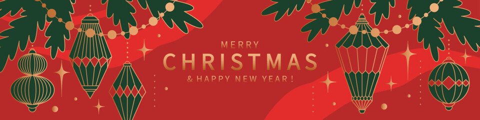 Merry Christmas greeting banner. Bright red background with Christmas decorations in geometric. Xmas background for winter holidays, season greetings, sale, ads.
