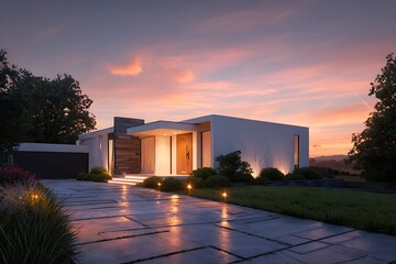 Fototapeta premium Modern minimalist house exterior design at dusk with landscape and illuminated driveway
