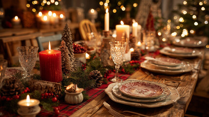 Naklejka premium A Christmas dinner table set with candles, festive dishes, and holiday decorations, elegant and warm family atmosphere