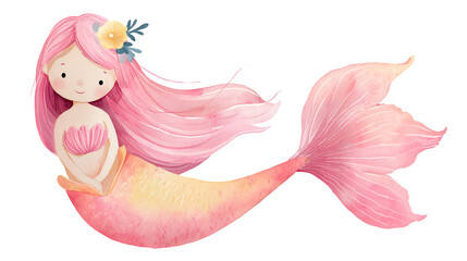 PNG Adorable Baby Mermaid Watercolor Illustration with Pink Tail Isolated on Transparent Background
