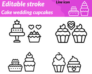 Cake wedding cupcakes set line icon. An elegant icon showing a tiered wedding cake with decorative hearts and candles. Accompanied by colorful cupcakes representing celebrations weddings, and sweet .