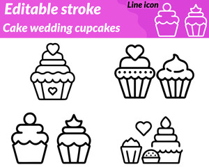 Cake wedding cupcakes set line icon. A festive icon depicting a multi-tiered wedding cake with icing and hearts. surrounded by decorated cupcakes with sprinkles and candles symbolizing celebration.