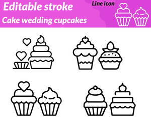 Cake wedding cupcakes set line icon. A festive icon depicting a multi-tiered wedding cake with icing and hearts. surrounded by decorated cupcakes with sprinkles and candles symbolizing celebration.
